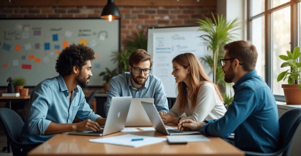 Business professionals collaborating at a meeting table in a modern office, discussing ideas and managing expectations with laptops and documents.