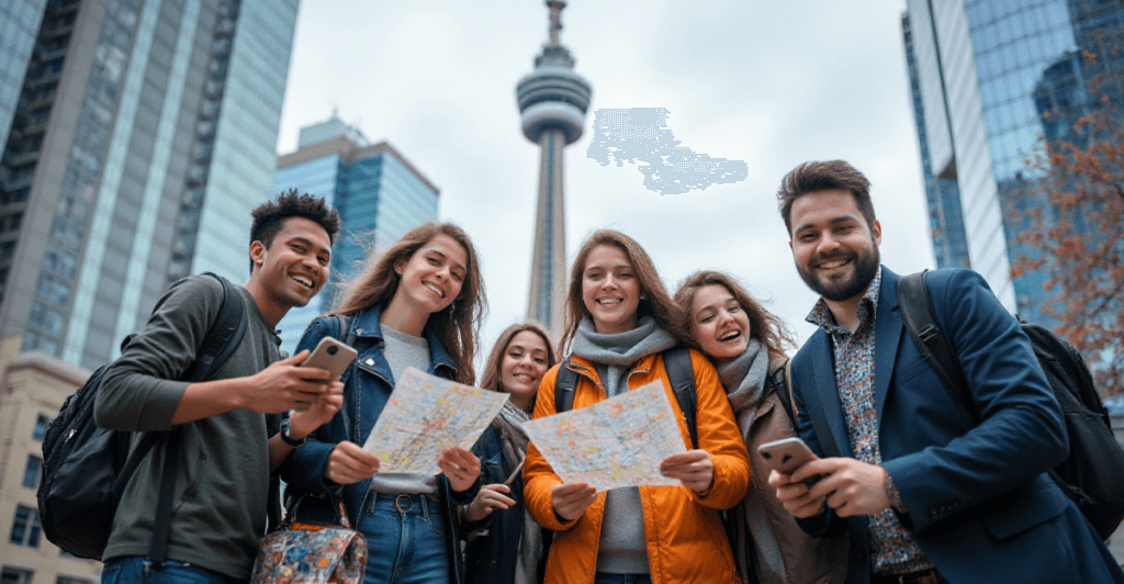 A diverse group of students and professionals with maps, laptops, and smartphones standing in front of the CN Tower, symbolizing newcomers in Canada. The image highlights student and professional life with backpacks, textbooks, and business attire.