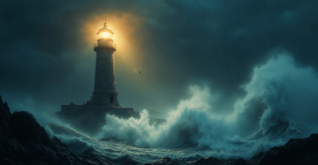 Lighthouse beaming through a stormy sea, symbolizing critical thinking and clarity.